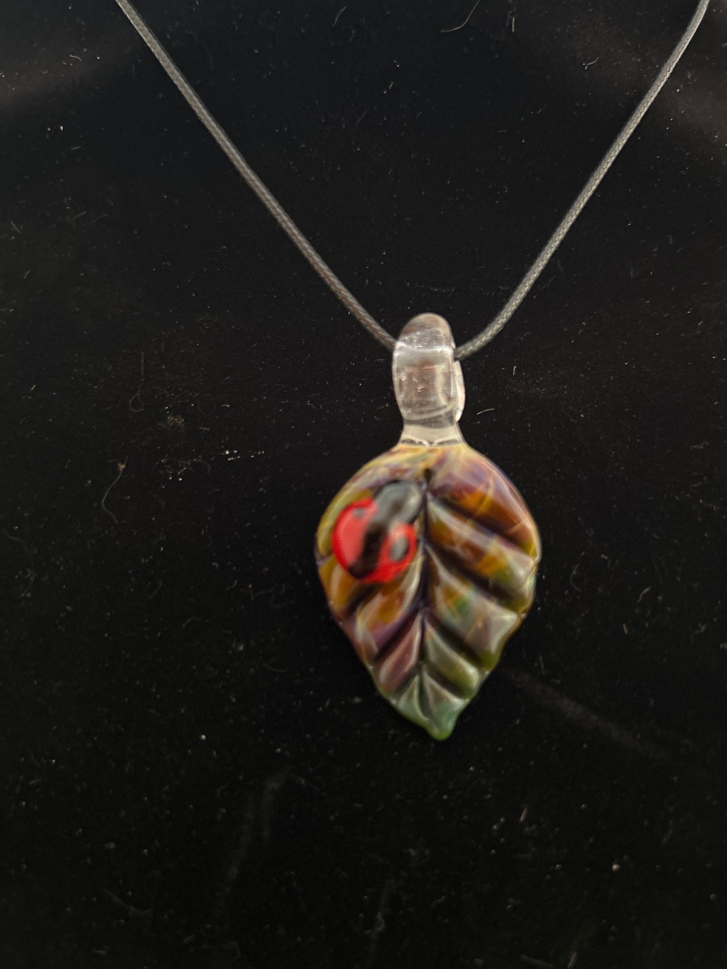 Ladybug Amber Purple Over Forest Green Leaf Pendant