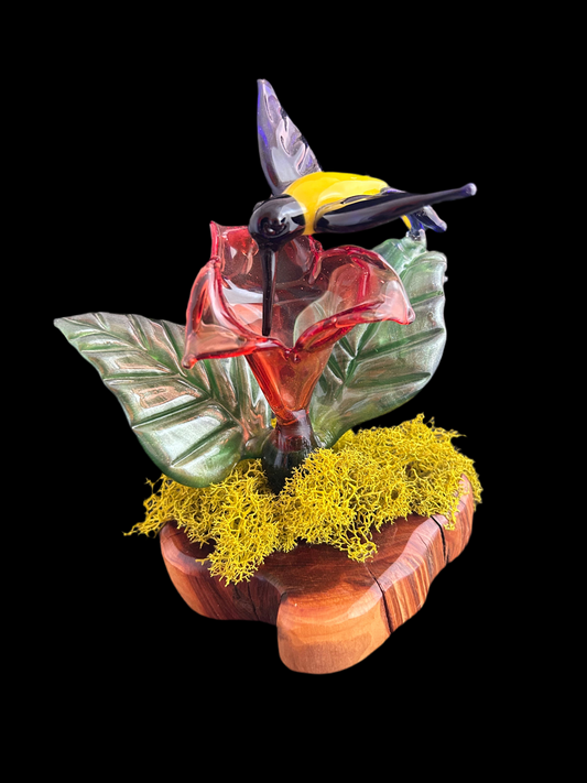 Yellow Hummingbird Sculpture with Flower