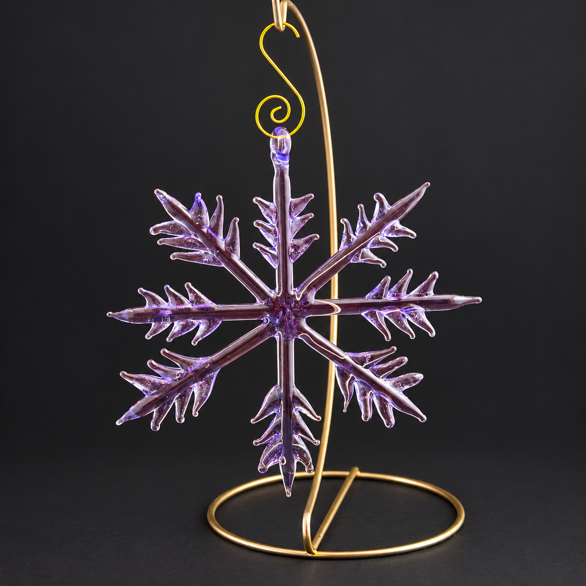 Another view of the large purple handmade glass snowflake ornament